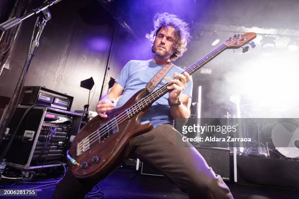 Bassist Eddie Breckenridge of Thrice performs on stage at Sala La Paqui on February 12, 2024 in Madrid, Spain.
