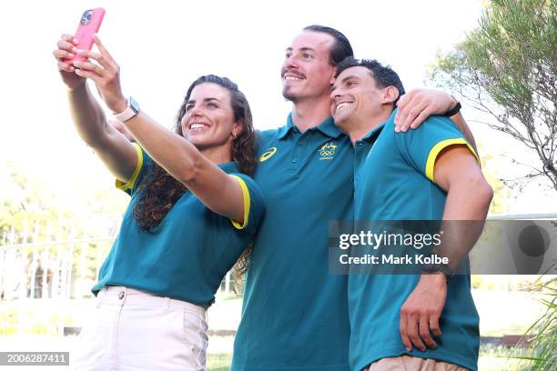 Jessica Fox, Tristan Carter and Timothy Anderson pose for a selfie during the media call after the Australian 2024 Paris Olympic Games Canoe Slalom...