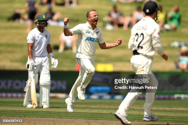 Neil Wagner of the New Zealand Black Caps celebrates the wicket of Raynard van Tonder of South Africa during day one of the Men's Second Test in the...