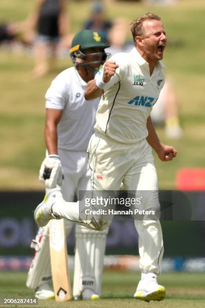 Neil Wagner of the New Zealand Black Caps celebrates the wicket of Raynard van Tonder of South Africa during day one of the Men's Second Test in the...