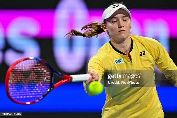 Elena Rybakina of Kazakhstan is playing in her quarter-final match against Leylah Fernandez of Canada at the WTA 1000-Qatar TotalEnergies Open tennis...