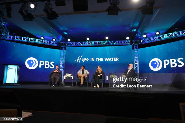 Bill Gardner, Baratunde Thurston, Shailene Woodley and Andrew Zimmern speaks at the PBS presentation of "Hope in the Water" during the 2024 TCA...