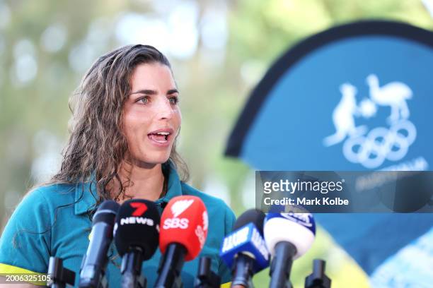 Jessica Fox speaks to the media during the Australian 2024 Paris Olympic Games Canoe Slalom Squad Announcement & Training Session at Penrith...