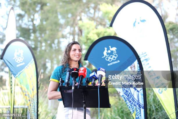 Jessica Fox speaks to the media during the Australian 2024 Paris Olympic Games Canoe Slalom Squad Announcement & Training Session at Penrith...