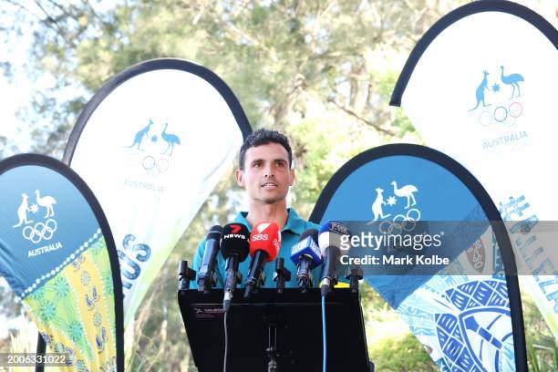Timothy Anderson speaks to the media after his announcement in the Australian Olympic Team athlete in the K1 canoe slalom during the Australian 2024...