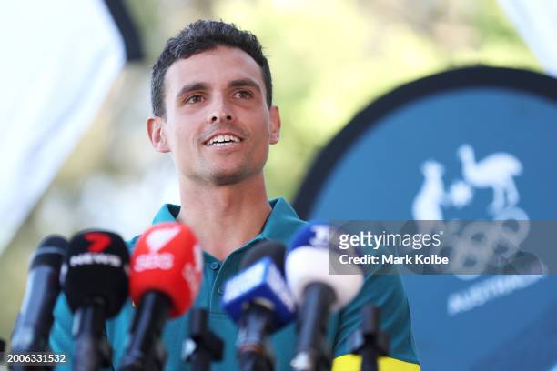 Timothy Anderson speaks to the media after his announcement in the Australian Olympic Team athlete in the K1 canoe slalom during the Australian 2024...