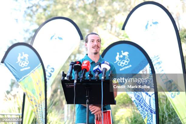 Tristan Carter speaks to the media after his announcement in the Australian Olympic Team athlete in the K1 canoe slalom during the Australian 2024...