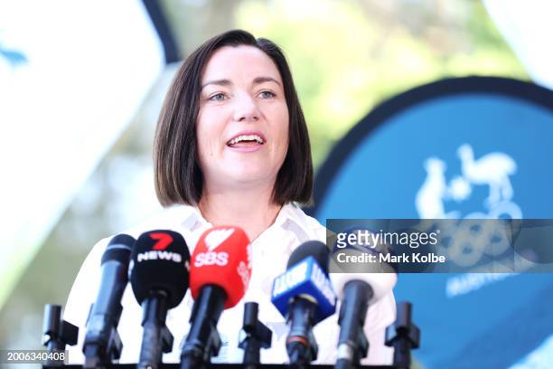 Australian Olympic Team Chef de Mission Anna Meares speaks to the media during the media call after the Australian 2024 Paris Olympic Games Canoe...