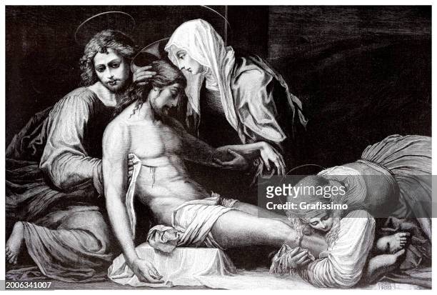 bildbanksillustrationer, clip art samt tecknat material och ikoner med the entombment of jesus christ engraving 1886 - religiös illustration