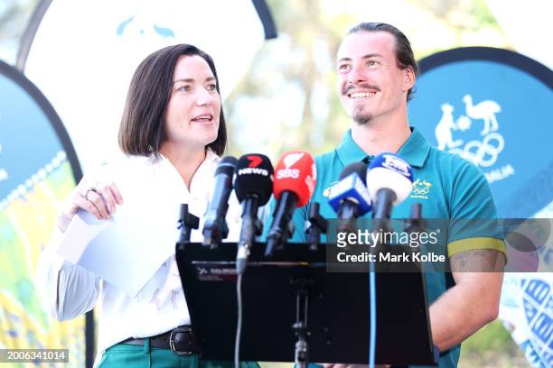 Australian Olympic Team Chef de Mission Anna Meares asks questions to Tristan Carter after his announcement in the Australian Olympic Team athlete in...