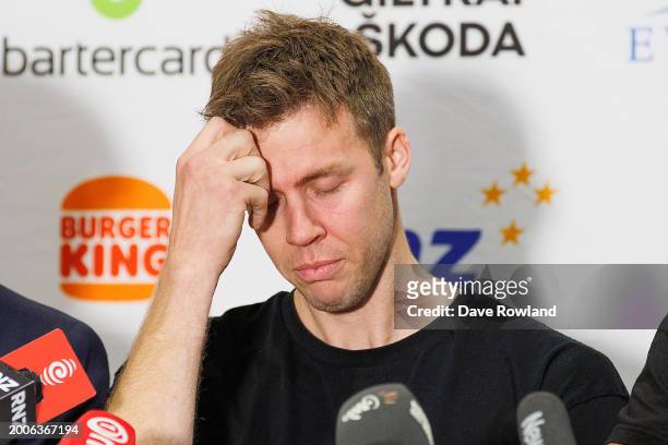 Tom Abercrombie reacts as he speaks to the media during his retirement announcement at Breakers HQ on February 13, 2024 in Auckland, New Zealand.