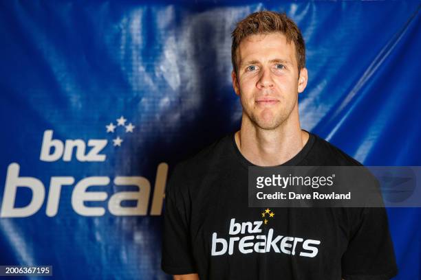 Tom Abercrombie poses for a photograph as he speaks to the media during his retirement announcement at Breakers HQ on February 13, 2024 in Auckland,...