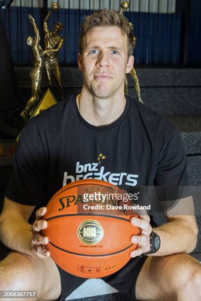 Tom Abercrombie poses for a photograph as he speaks to the media during his retirement announcement at Breakers HQ on February 13, 2024 in Auckland,...