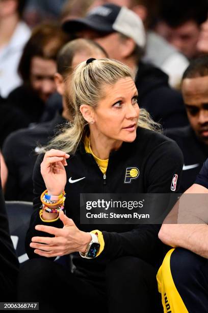 Assistant coach Jenny Boucek of the Indiana Pacers speaks to the team during the game against the New York Knicks at Madison Square Garden on...