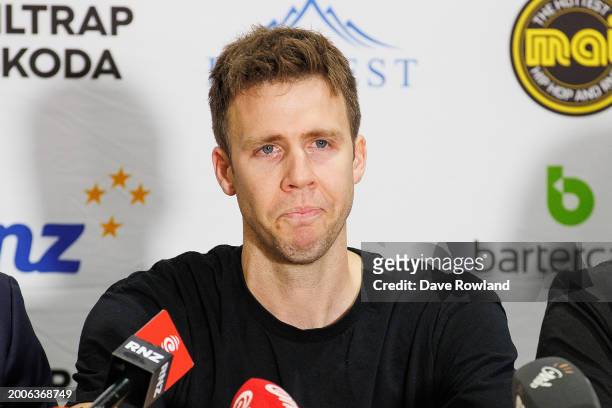 Tom Abercrombie reacts as he speaks to the media during his retirement announcement at Breakers HQ on February 13, 2024 in Auckland, New Zealand.