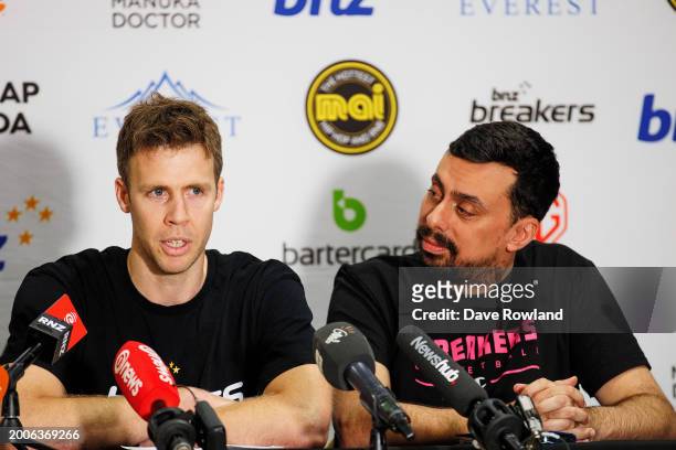 Tom Abercrombie with head coach in Mody Maor speaks to the media during his retirement announcement at Breakers HQ on February 13, 2024 in Auckland,...