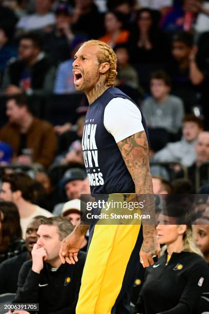 James Johnson of the Indiana Pacers calls out to his teammates from the bench during the game against the New York Knicks at Madison Square Garden on...