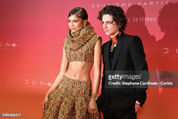 Zendaya and Timothée Chalamet attend the "Dune 2" Premiere at Le Grand Rex on February 12, 2024 in Paris, France.