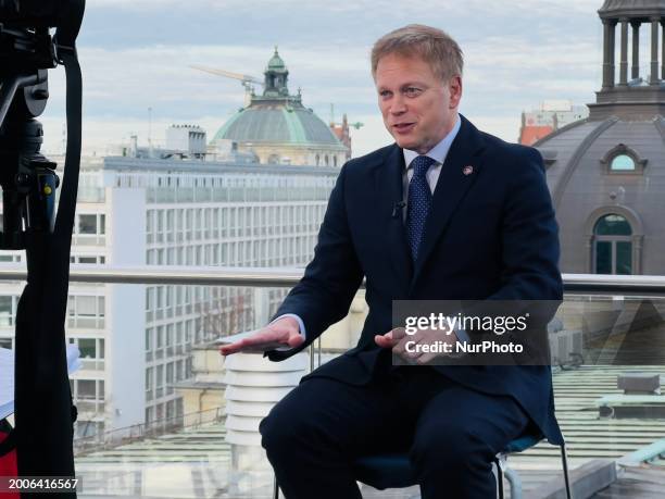 Secretary of Defence Grant Schapps is seen speaking to Sky News at the Munich Security Conference in Munich, Germany on 16 February, 2024.