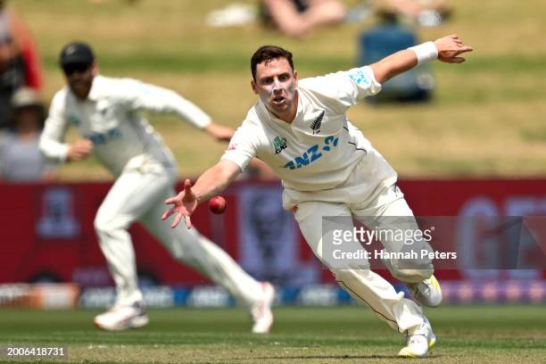 Matt Henry of the New Zealand Black Caps fields during day one of the Men's Second Test in the series between New Zealand and South Africa at Seddon...