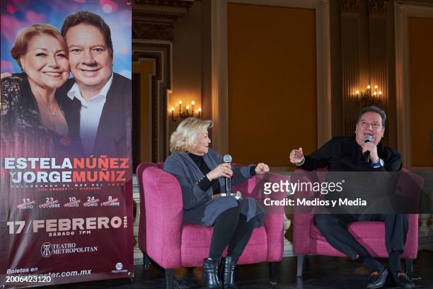 Singer Estela Núñez and Jorge Muñiz speak during a press conference at Teatro Metropolitan on February 12, 2024 in Mexico City, Mexico.