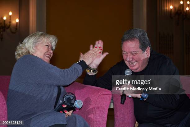 Singer Estela Núñez and Jorge Muñiz attend during a press conference at Teatro Metropolitan on February 12, 2024 in Mexico City, Mexico.