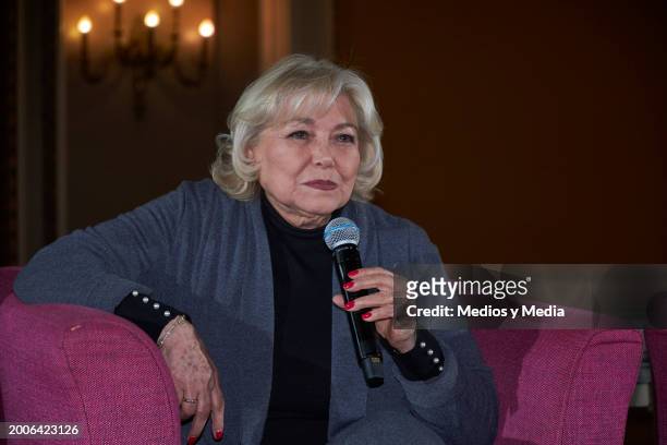 Singer Estela Núñez speaks during a press conference at Teatro Metropolitan on February 12, 2024 in Mexico City, Mexico.