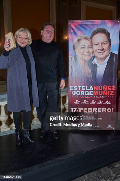 Singer Estela Núñez and Jorge Muñiz pose for a photo during a press conference at Teatro Metropolitan on February 12, 2024 in Mexico City, Mexico.