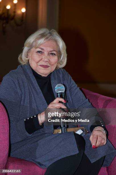 Singer Estela Núñez speaks during a press conference at Teatro Metropolitan on February 12, 2024 in Mexico City, Mexico.