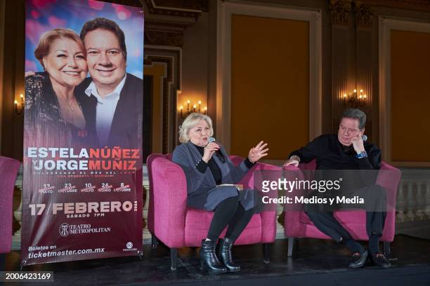Singer Estela Núñez and Jorge Muñiz speak during a press conference at Teatro Metropolitan on February 12, 2024 in Mexico City, Mexico.