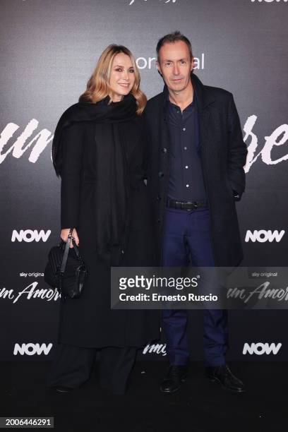 Andrea Duilio and his wife Raffaella attend the premiere for "Un Amore" at Vinile on February 12, 2024 in Rome, Italy.