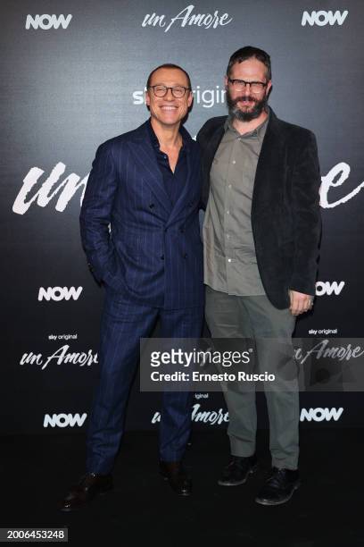 Stefano Accorsi and Francesco Lagi attend the premiere for "Un Amore" at Vinile on February 12, 2024 in Rome, Italy.