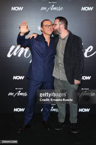 Stefano Accorsi and Francesco Lagi attend the premiere for "Un Amore" at Vinile on February 12, 2024 in Rome, Italy.