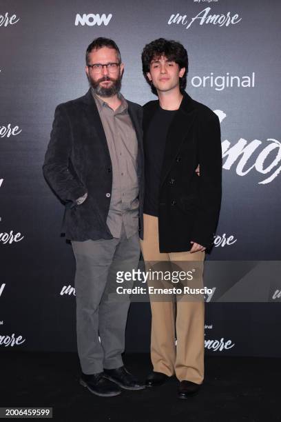 Francesco Lagi and Luca Santoro attend the premiere for "Un Amore" at Vinile on February 12, 2024 in Rome, Italy.