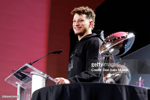 Quarterback Patrick Mahomes of the Kansas City Chiefs address the media after being presented the Pete Rozelle Trophy as Super Bowl LVIII Most...