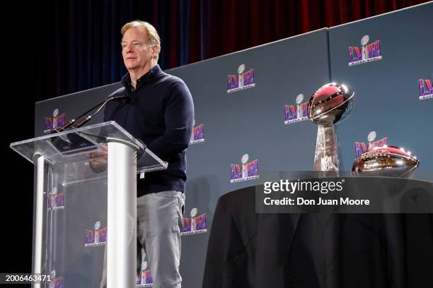 Commissioner Roger Goodell address the media during the Super Bowl Winning Team Head Coach and MVP Press Conference at the Mandalay Bay North...