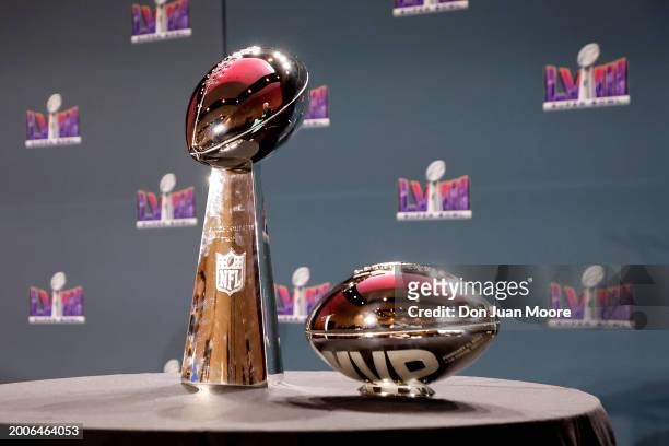 General view of The Vince Lombardi Trophy and The Pete Rozelle Trophy during the Super Bowl Winning Team Head Coach and MVP Press Conference at the...