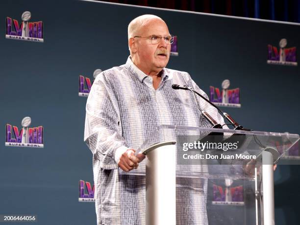 Head Coach Andy Reid of the Kansas City Chiefs address the media during the Super Bowl Winning Team Head Coach and MVP Press Conference at the...