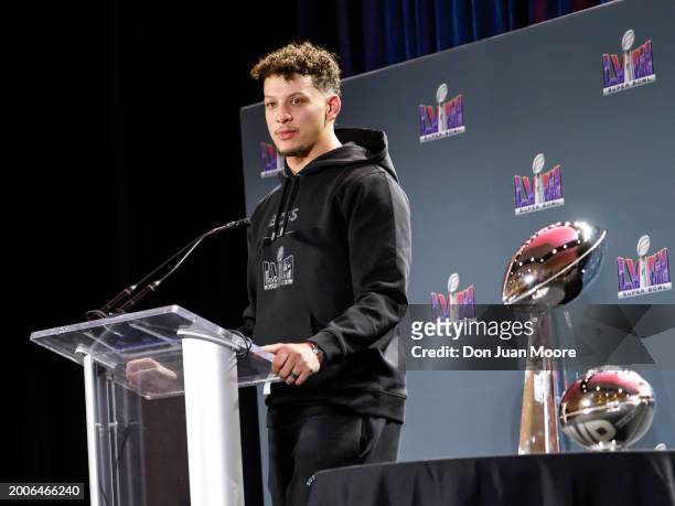 Quarterback Patrick Mahomes of the Kansas City Chiefs address the media after being presented the Pete Rozelle Trophy as Super Bowl LVIII Most...