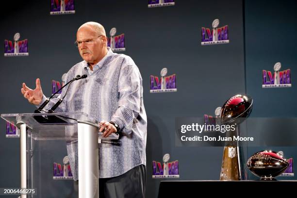 Head Coach Andy Reid of the Kansas City Chiefs address the media during the Super Bowl Winning Team Head Coach and MVP Press Conference at the...