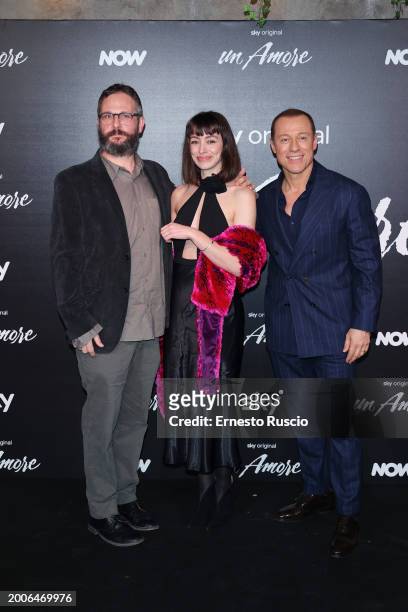 Francesco Lagi, Margaux Billard and Stefano Accorsi attend the premiere for "Un Amore" at Vinile on February 12, 2024 in Rome, Italy.