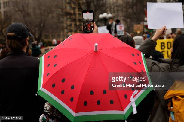 People gather for a rally calling on Israel to stop its Rafah invasion in Gaza at Union Square on February 12, 2024 in New York City. Israel launched...