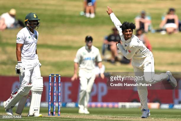 Rachin Ravindra of the New Zealand Black Caps bowls during day one of the Men's Second Test in the series between New Zealand and South Africa at...