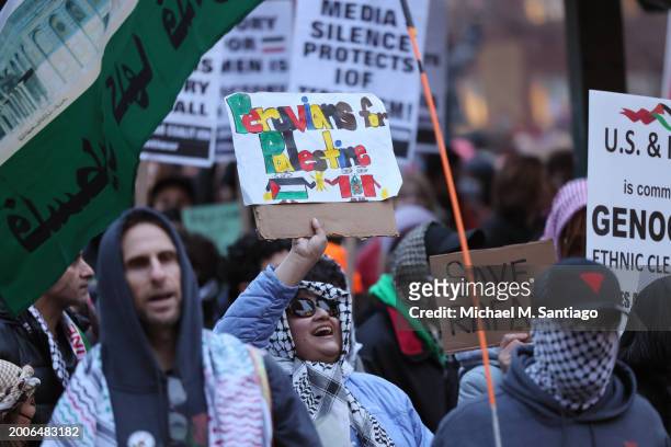 People gather for a rally calling on Israel to stop its Rafah invasion in Gaza at Union Square on February 12, 2024 in New York City. Israel launched...