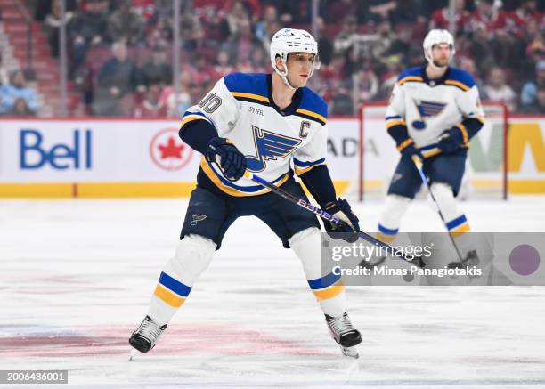 Brayden Schenn of the St. Louis Blues skates during the first period against the Montreal Canadiens at the Bell Centre on February 11, 2024 in...