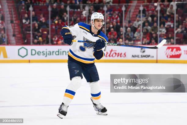 Brayden Schenn of the St. Louis Blues skates during the first period against the Montreal Canadiens at the Bell Centre on February 11, 2024 in...