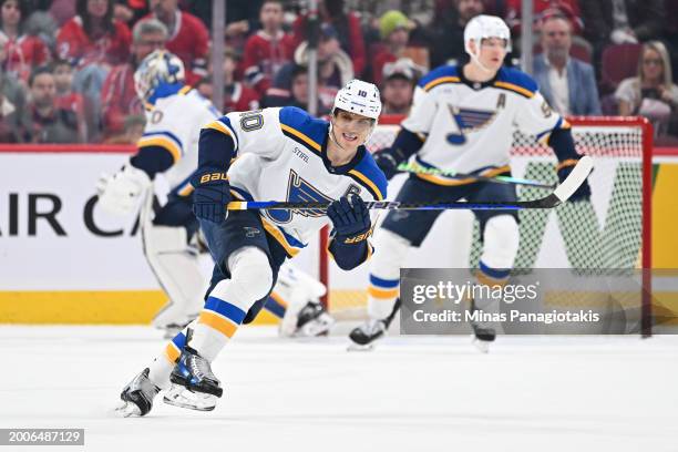 Brayden Schenn of the St. Louis Blues skates during the first period against the Montreal Canadiens at the Bell Centre on February 11, 2024 in...