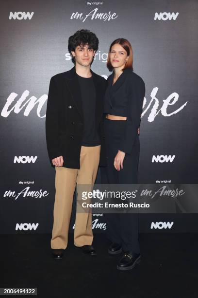 Luca Santoro and guest attends the premiere for "Un Amore" at Vinile on February 12, 2024 in Rome, Italy.