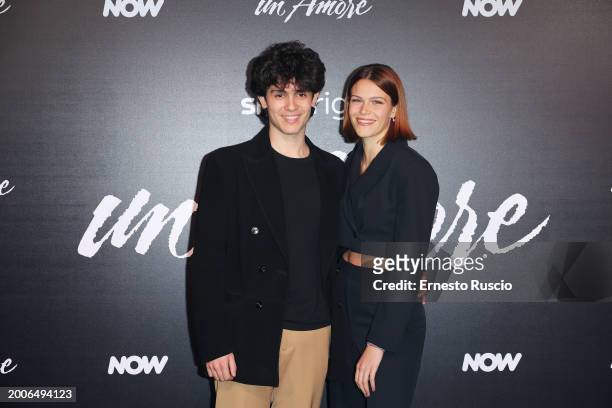 Luca Santoro and guest attends the premiere for "Un Amore" at Vinile on February 12, 2024 in Rome, Italy.