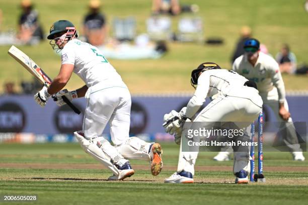 David Bedingham of South Africa bats during day one of the Men's Second Test in the series between New Zealand and South Africa at Seddon Park on...